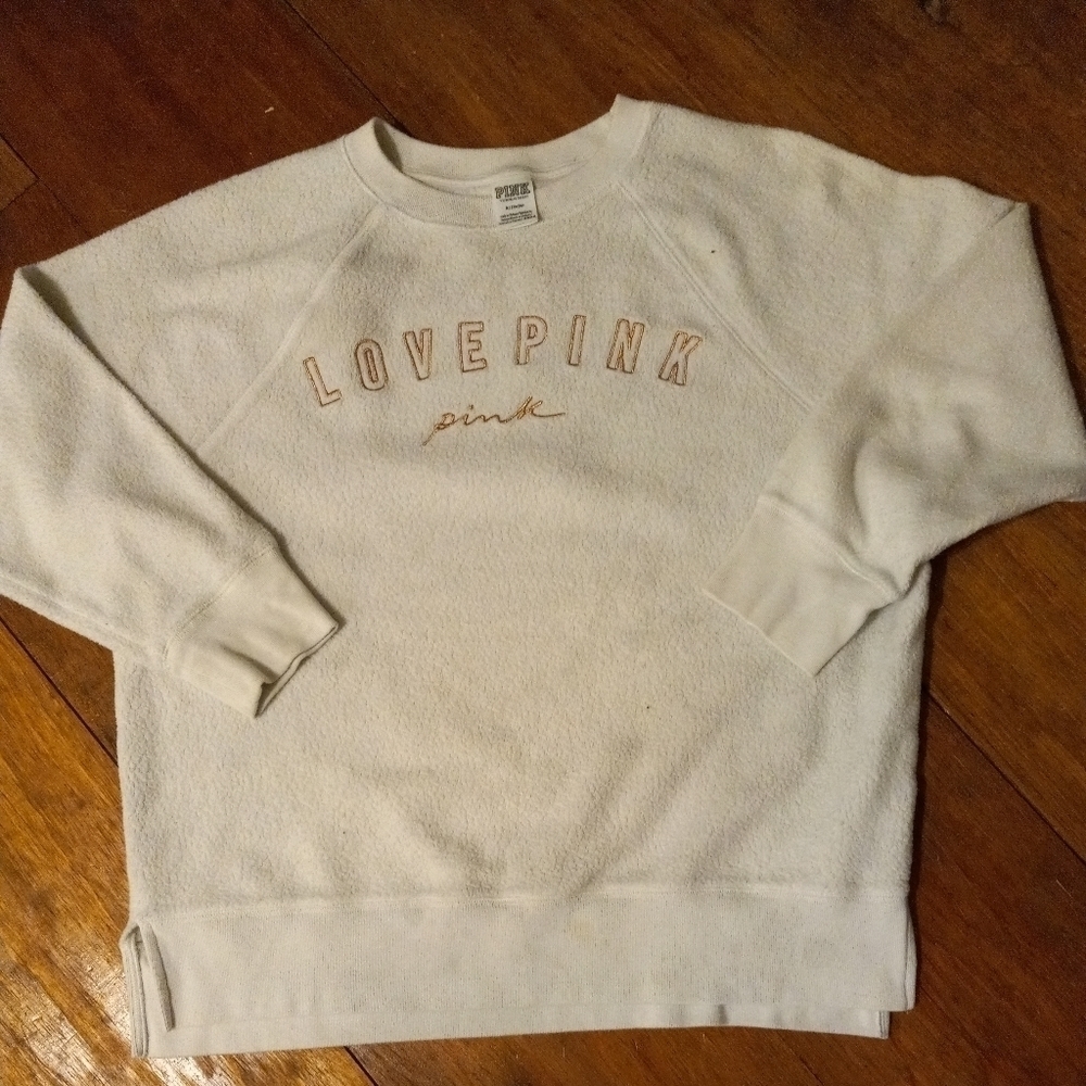 PINK Victoria Secret " LOVE PINK" Ivory Fleece  Crop Sweatshirt M